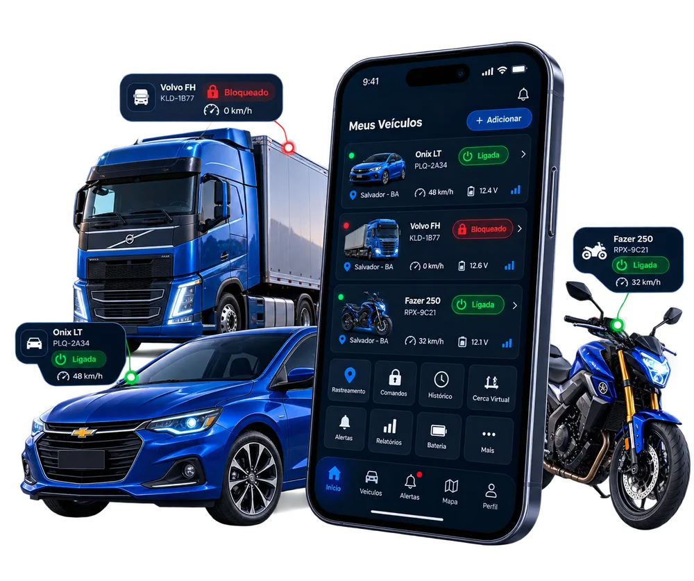 Aplicativo TrackerCarsat com localização, bloqueio, alertas e relatórios